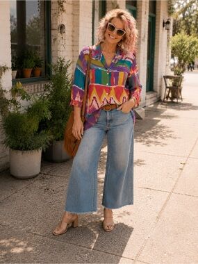 Vintage 90s Compliments Wearable Art Abstract Print Blouse Medium Boho Top